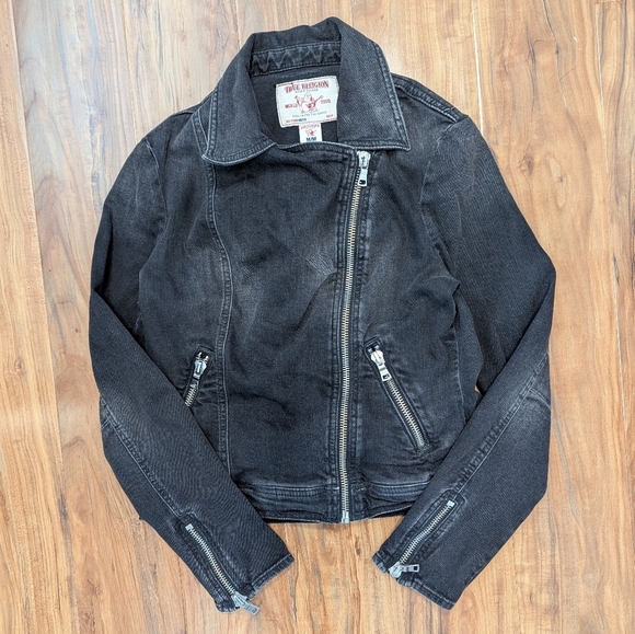 True Religion Moto Denim Jacket Asymmetrical Zip Up Black Wash Women's Medium - Picture 3 of 6